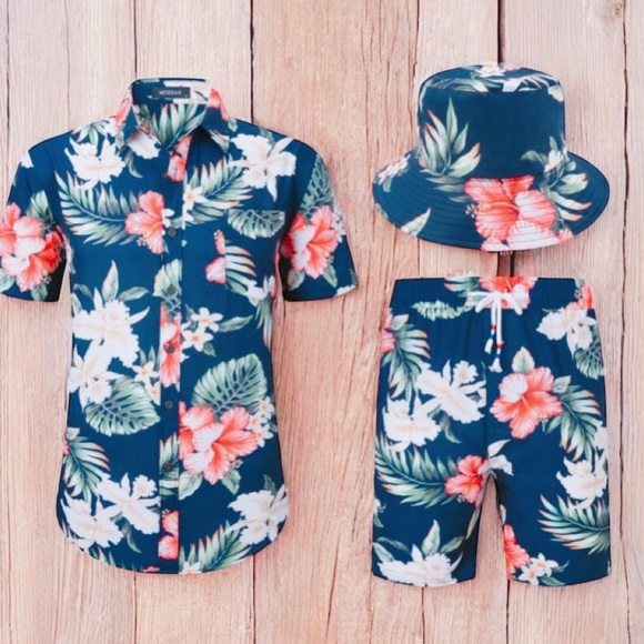 Men's Short Sleeve Hawaiian Shirt Hat Shorts Set Tropic Hawaiian MCEDAR 5XL NWT - Picture 1 of 16